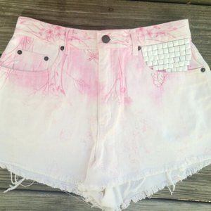 Vintage Hand Studded High Waisted Jean Shorts Festival Floral Pink White Ombre